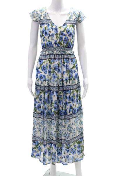 Moon River Womens Floral Print Ruched V-Neck Sleeveless Maxi Dress Blue Size S