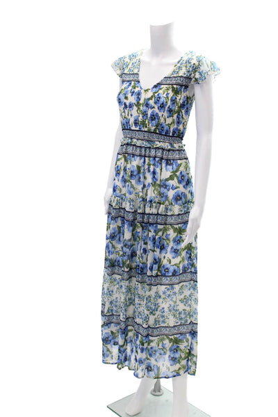 Moon River Womens Floral Print Ruched V-Neck Sleeveless Maxi Dress Blue Size S