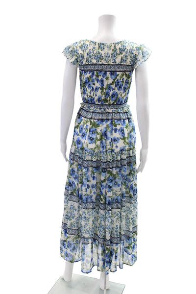 Moon River Womens Floral Print Ruched V-Neck Sleeveless Maxi Dress Blue Size S