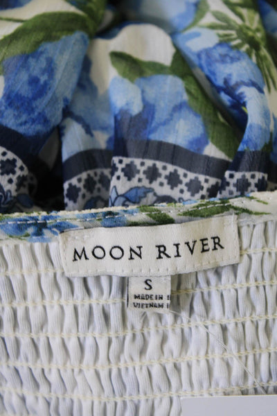 Moon River Womens Floral Print Ruched V-Neck Sleeveless Maxi Dress Blue Size S