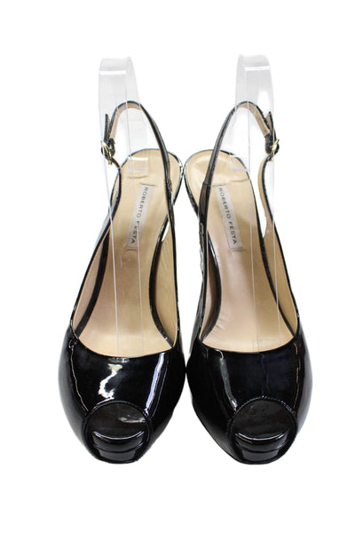 Roberto Festa Womens Patent Leather Open Toe Slingback Heels Black Size 39 9