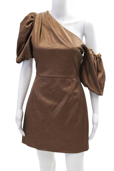 Elliatt Womens Faux Leather One Shoulder Puff Sleeve Mini Dress Bronze Size S