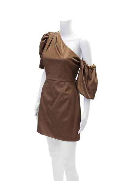 Elliatt Womens Faux Leather One Shoulder Puff Sleeve Mini Dress Bronze Size S