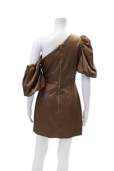 Elliatt Womens Faux Leather One Shoulder Puff Sleeve Mini Dress Bronze Size S