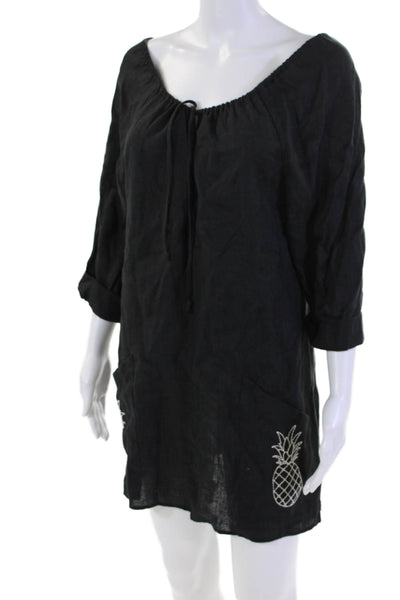 Reformation Womens Linen Pineapple Embroidery Pockets Mini Dress Black Size S