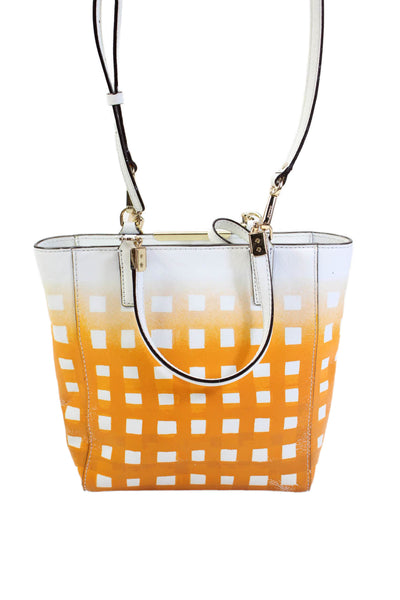 Coach Womens Double Handle Zip Top Check Leather Tote Handbag Orange White