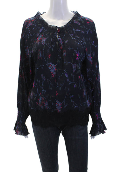Tanya Taylor Women's Smocked Long Sleeves Lace Trim Blouse Floral Size 2