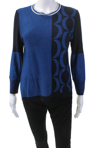 St. John Womens Striped Crew Neck Sweater Blue Black Wool Blend Size Small