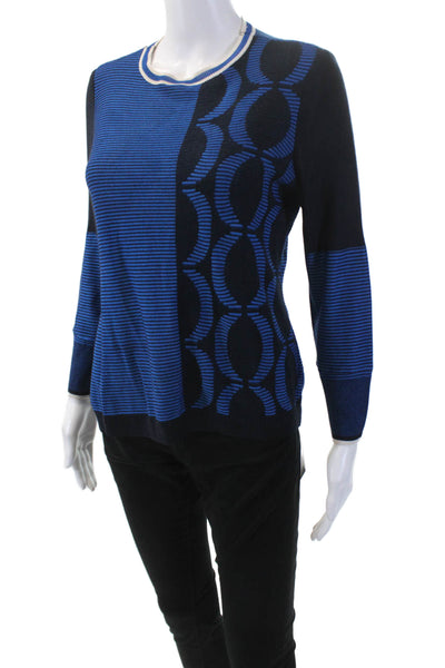 St. John Womens Striped Crew Neck Sweater Blue Black Wool Blend Size Small