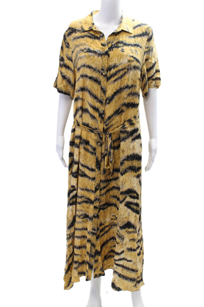 Hofmann Copenhagen Womens Tiger Print Tie Waist Button Down Dress Gold Size 40