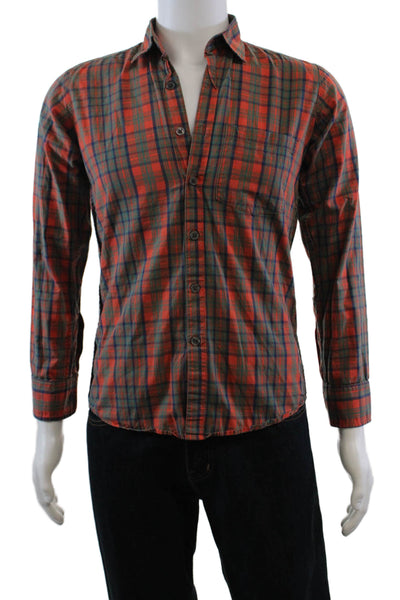 Steven Alan Mens Cotton Plaid Long Sleeve Button Down Shirt Orange Size S