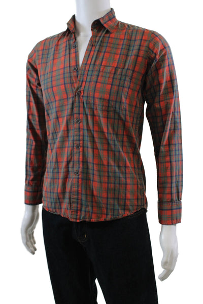Steven Alan Mens Cotton Plaid Long Sleeve Button Down Shirt Orange Size S