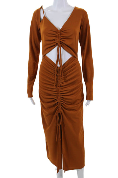 Nicholas Women's Asymmetrical Ruched Slit Hem Maxi Dress Brown Size 6