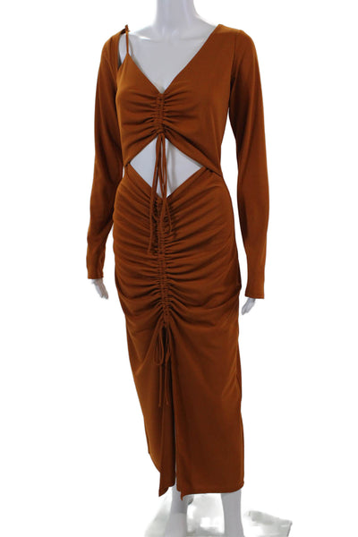 Nicholas Women's Asymmetrical Ruched Slit Hem Maxi Dress Brown Size 6