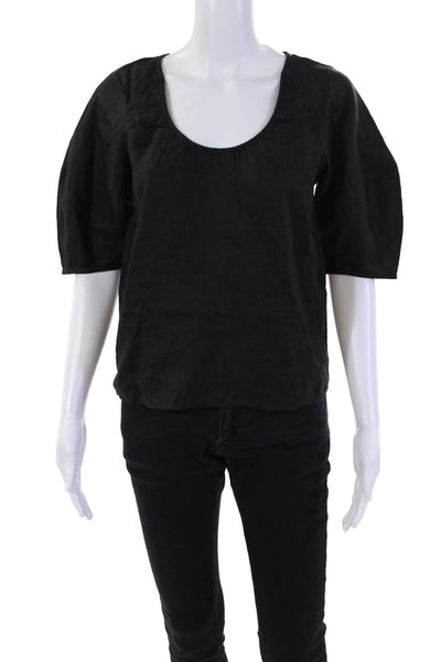 Everlane Womens Linen Scoop Neck Short Sleeve Blouse Top Black Size XXS