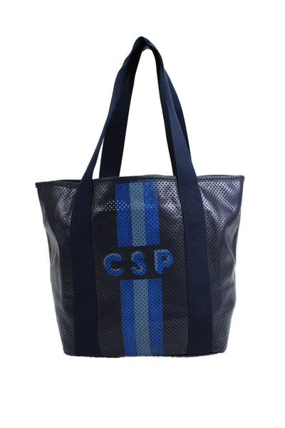 Corroon Womens Double Handle Perforated Leather GSP Tote Handbag Navy Blue