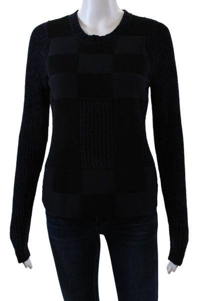 Carven Women's Long Sleeves Check Patch Pullover Sweater Navy Blue Size 34