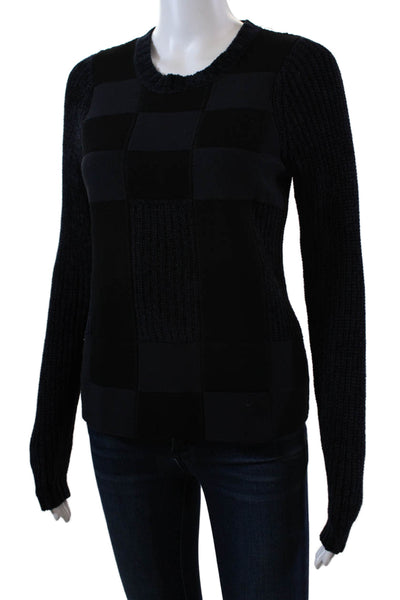 Carven Women's Long Sleeves Check Patch Pullover Sweater Navy Blue Size 34