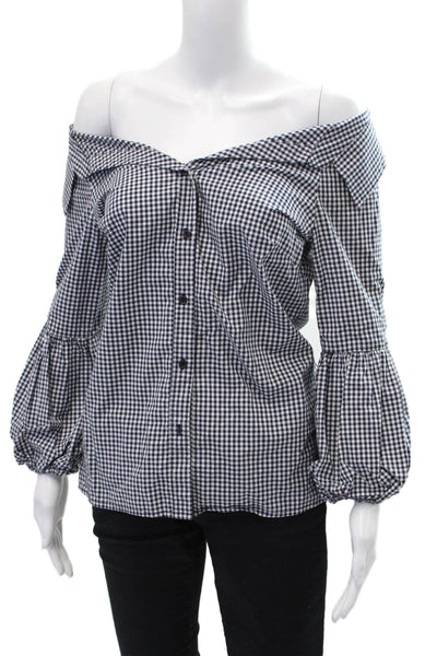Bailey 44 Womens Cotton Gingham Print 3/4 Sleeve Buttoned Blouse Blue Size M