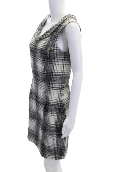 Oscar de la Renta Womens Zip Up Scoop Neck Plaid Sheath Dress White Black Size 8
