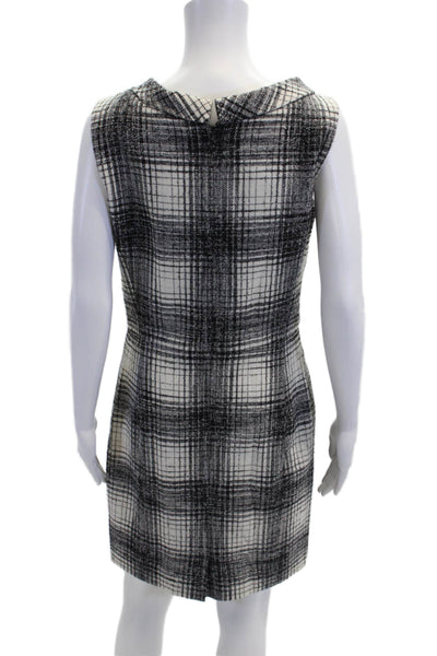 Oscar de la Renta Womens Zip Up Scoop Neck Plaid Sheath Dress White Black Size 8