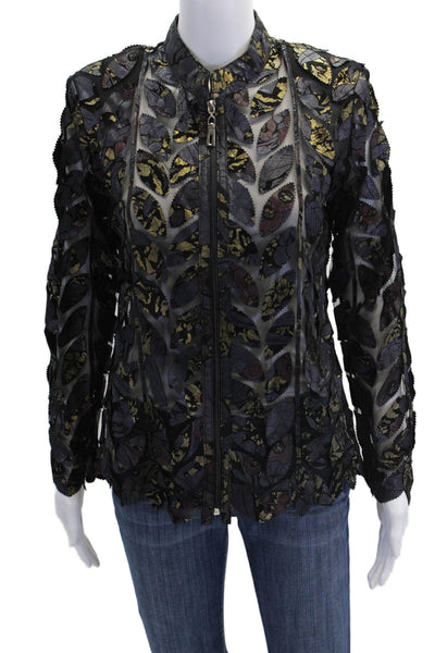 Natto Womens Front Zip Mesh Leaf Printed Leather Jacket Blue Black Size Small