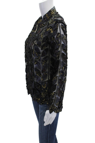 Natto Womens Front Zip Mesh Leaf Printed Leather Jacket Blue Black Size Small