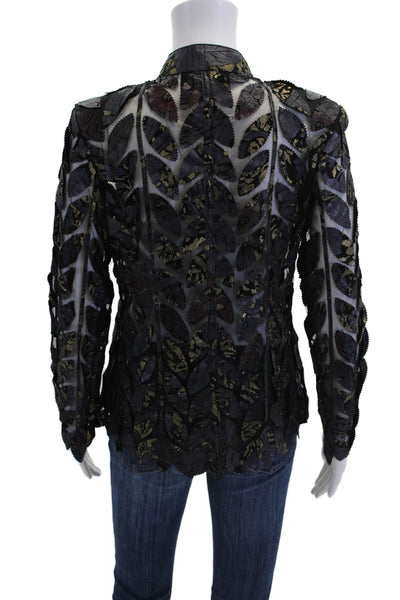 Natto Womens Front Zip Mesh Leaf Printed Leather Jacket Blue Black Size Small