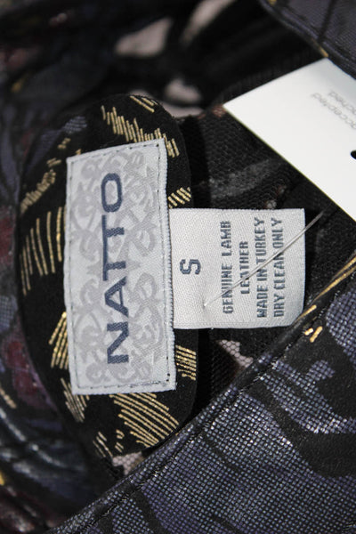 Natto Womens Front Zip Mesh Leaf Printed Leather Jacket Blue Black Size Small
