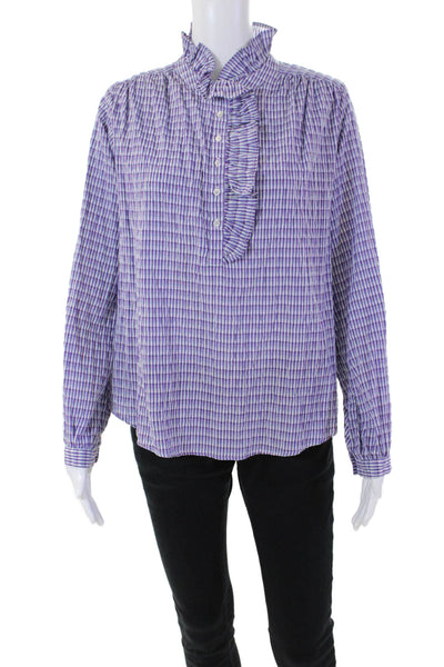 Xirena Womens Long Sleeve Half Button Plaid Shirt Purple Blue Cotton Size XS
