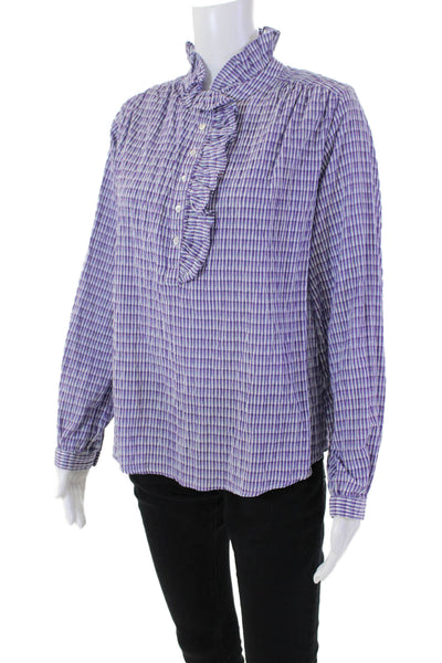 Xirena Womens Long Sleeve Half Button Plaid Shirt Purple Blue Cotton Size XS