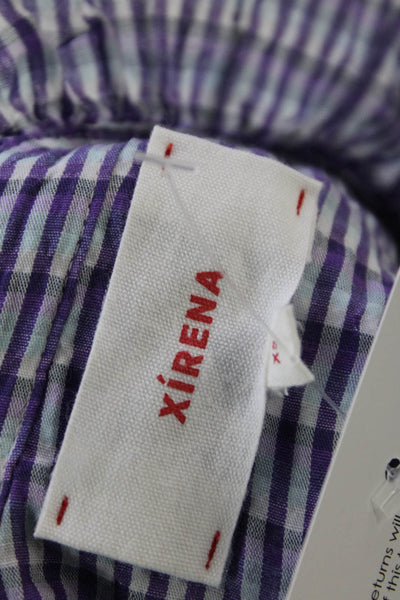 Xirena Womens Long Sleeve Half Button Plaid Shirt Purple Blue Cotton Size XS