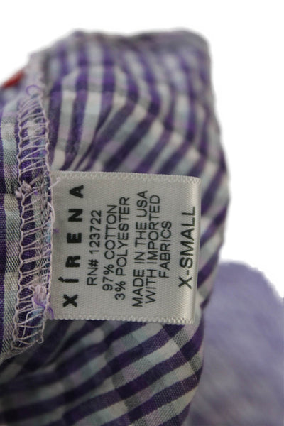 Xirena Womens Long Sleeve Half Button Plaid Shirt Purple Blue Cotton Size XS