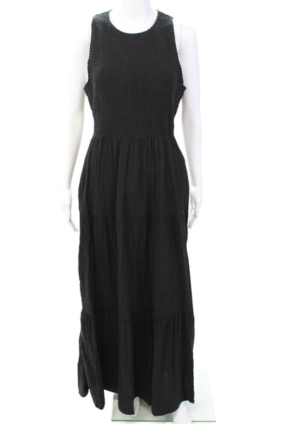 Me + Em Womens Back Zip Crew Neck Smocked Maxi Dress Black Cotton Size 10