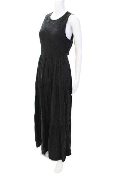 Me + Em Womens Back Zip Crew Neck Smocked Maxi Dress Black Cotton Size 10