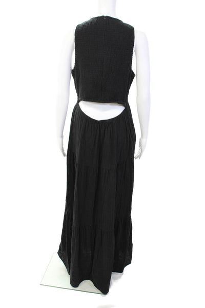 Me + Em Womens Back Zip Crew Neck Smocked Maxi Dress Black Cotton Size 10