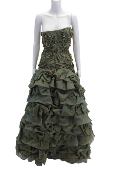 YSA Makino Womens Beaded Sweetheart Neck A Line Evening Gown Green Size 6