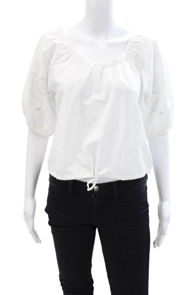 Kerri Rosenthal Women's Short Sleeves Cinch Waist Cotton Blouse White Size XS