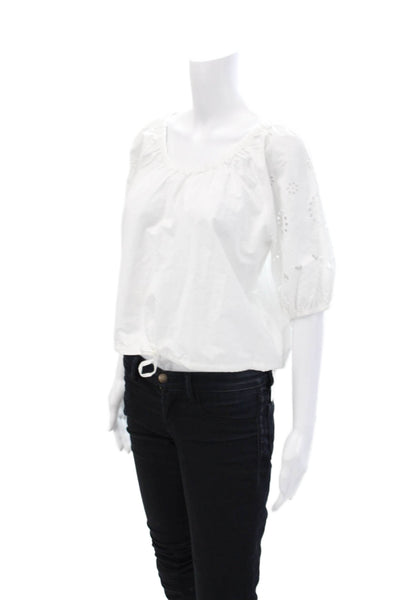 Kerri Rosenthal Women's Short Sleeves Cinch Waist Cotton Blouse White Size XS