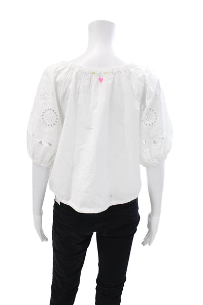 Kerri Rosenthal Women's Short Sleeves Cinch Waist Cotton Blouse White Size XS