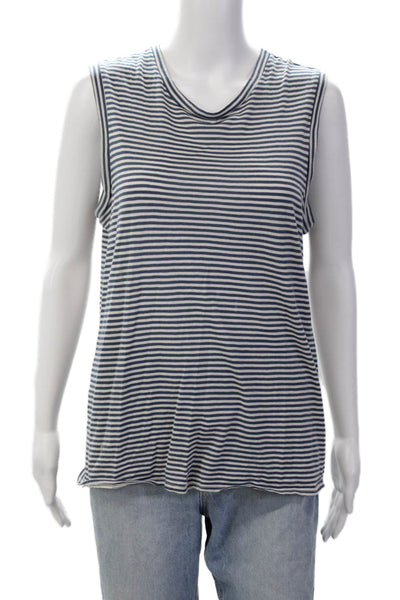 Nili Lotan Womens Scoop Neck Striped Knit Tank Top White Blue Cotton Size Medium