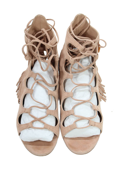 Sigerson Morrison Womens Suede Fringe Lace Up Slingbacks Sandals Beige Size 7 B
