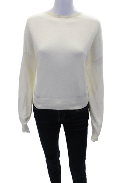 Theory Womens Long Sleeve Crew Neck Ribbed Trim Linen Shirt Beige Size Small