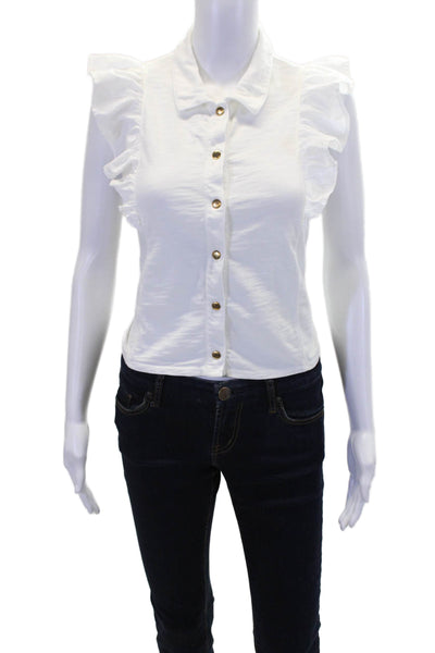 Nili Lotan Womens Button Front Collared Ruffled Knit Top White Cotton Size Small