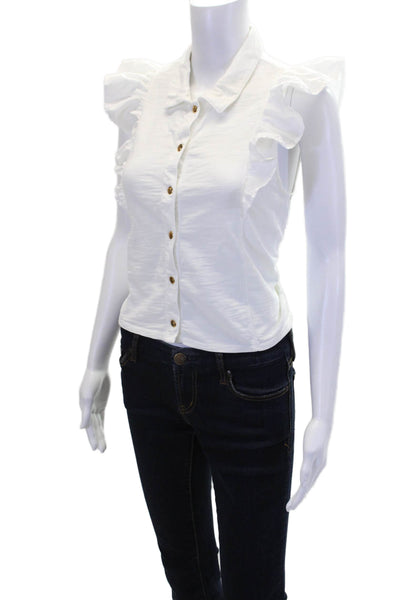 Nili Lotan Womens Button Front Collared Ruffled Knit Top White Cotton Size Small