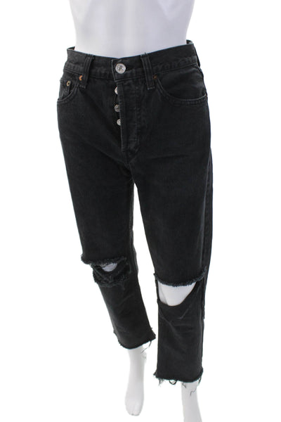 Redone Womens Cotton Distressed Button Fly Straight Leg Jeans Black Size 25