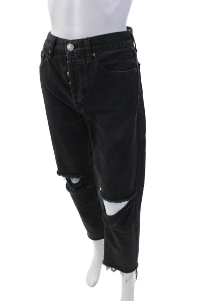 Redone Womens Cotton Distressed Button Fly Straight Leg Jeans Black Size 25