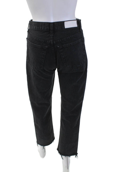 Redone Womens Cotton Distressed Button Fly Straight Leg Jeans Black Size 25