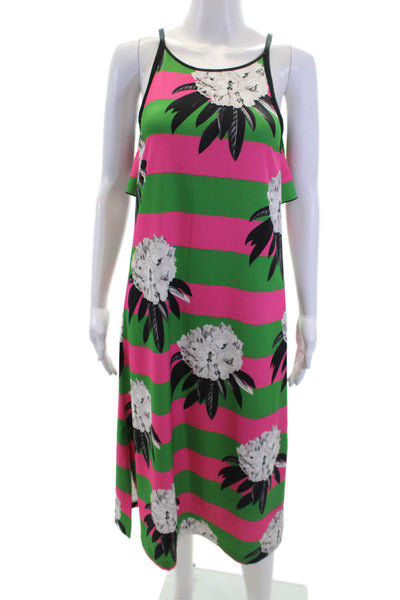 Jazmin Chebar Women Scoop Neck Spaghetti Straps Midi Floral Striped Dress Size 1