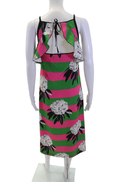 Jazmin Chebar Women Scoop Neck Spaghetti Straps Midi Floral Striped Dress Size 1